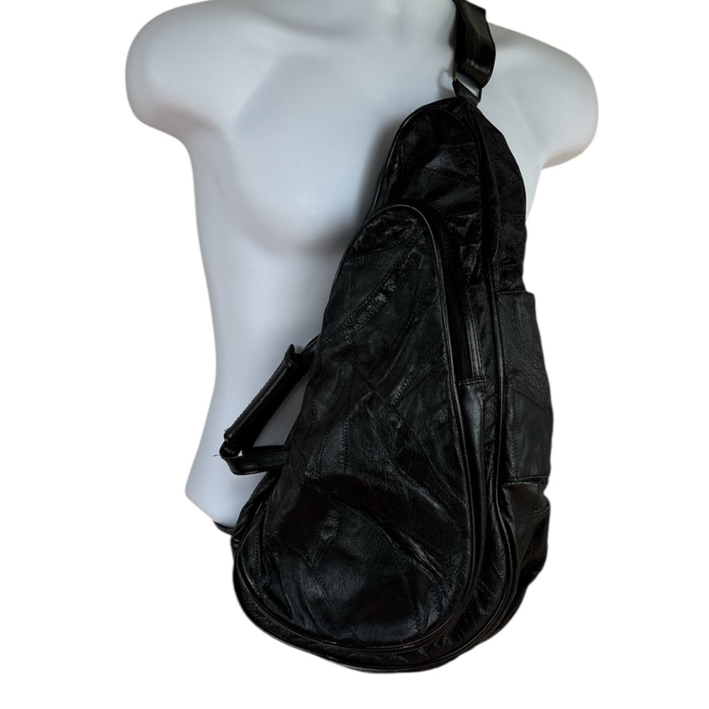 80s Vintage Unisex Comfort Carry-All Black Leather Crossbody Sling Shoulder Bag